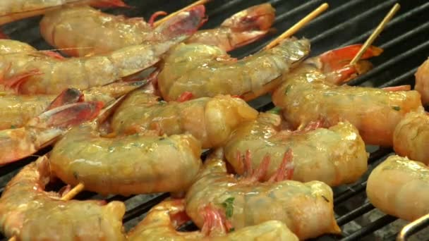 Prawn skewers on a barbecue — Stock Video