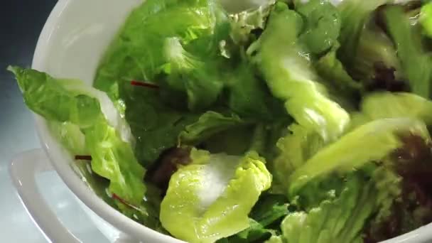 Стирка листьев салата и помидоров — стоковое видео