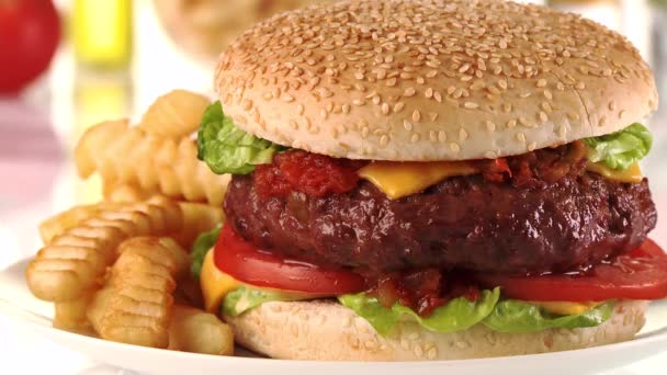 Hamburger z frytkami na talerzu — Wideo stockowe