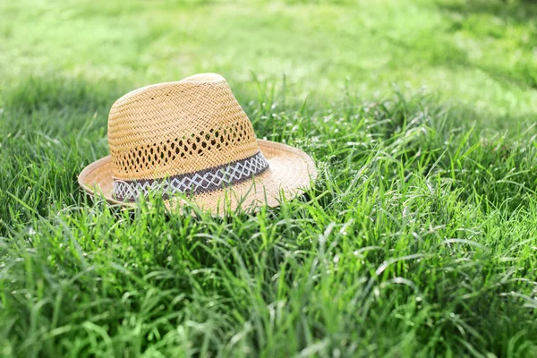 Bahçe içinde bir bitki üzerinde eski hasır şapka karşı bağlı — Stok fotoğraf