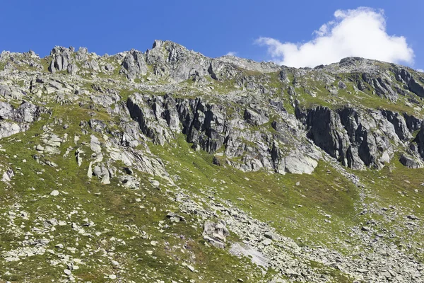 Beautiful green mountain in switzerland with grass and blue sky on summer end period — Stock Photo, Image