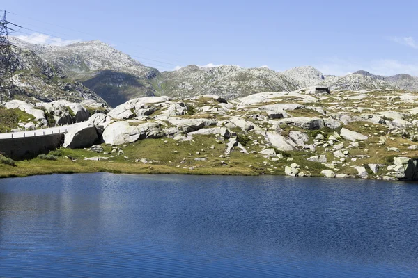 Belo fundo de montanha na Suíça com grama típica e lago durante o dia ensolarado no período de verão — Fotografia de Stock