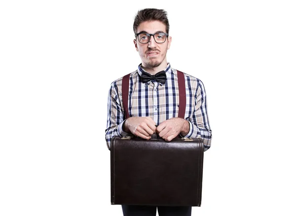 Young shy nerd with case in hands — Stock Photo, Image