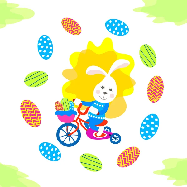 Bunny on a bike with a basket — Stock Vector
