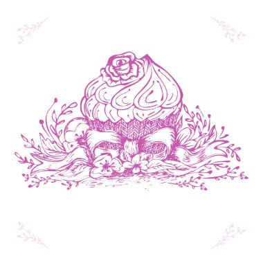 Elle çizilmiş doodle kek, çiçek