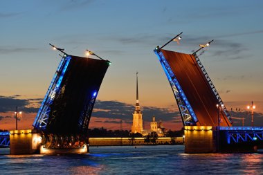 Peter ve Paul fortress hedef Palace bridge, Saint Petersburg Neva nehrinde beyaz geceler kırmızı günbatımı karşı sırasında ayrılmış.