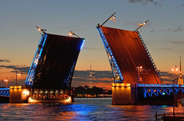 Views of the TV tower in the target separated Palace bridge on Neva river in Saint Petersburg during the white nights