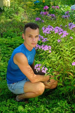 A young man about Bush Phlox on the plot in the summer on a Sunny day close up