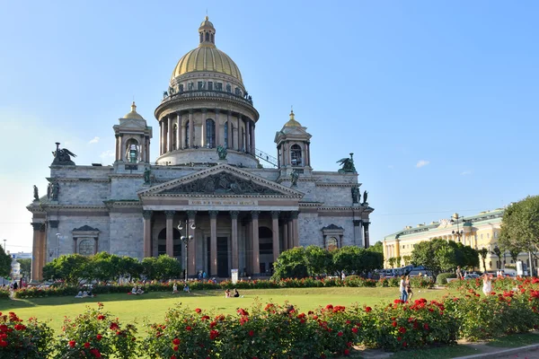 St. Isaac 's Kathedrale auf einem Hintergrund aus roten Rosen auf dem Platz strahlend sonnigen Tag unter blauem Himmel und Menschen zu Fuß — Stockfoto