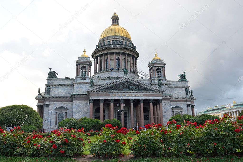 St. Isaac's Cathedral and the growing of a rose on St. Isaac's square in the summer in St. Petersburg