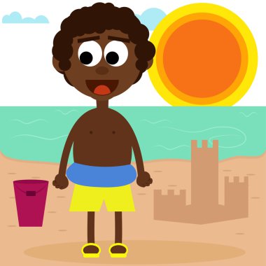 Sevimli afro Amerikan çocuk kumsalda oynarken.