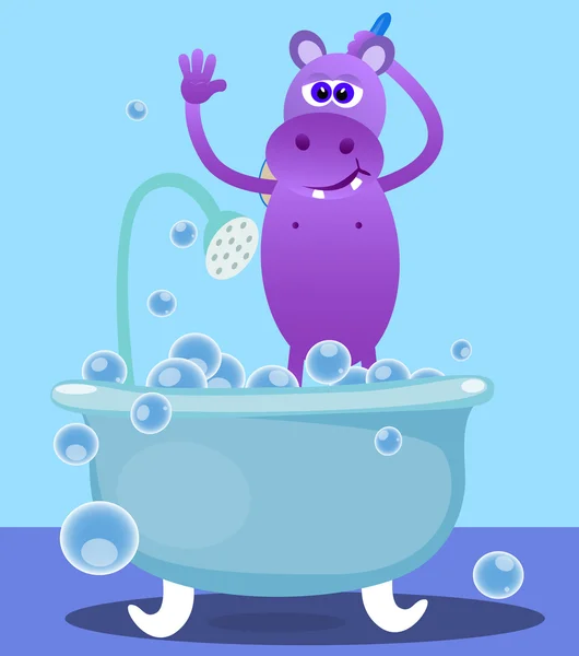 Hipopotam biorąc prysznic w łazience nowy. — Wektor stockowy