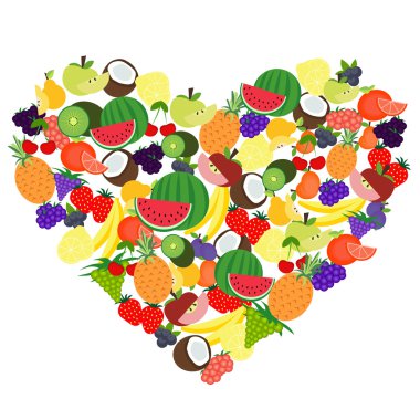 Vektör kalp şekli oluşturan meyve dizi karikatür resimli.