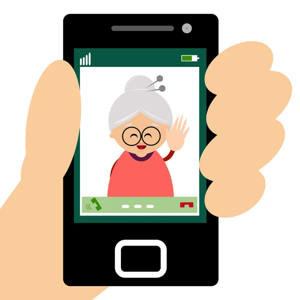 Ilustrace babičky, takže video volání na smartphone. — Stockový vektor