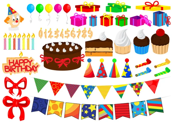 Set of vector cartoon birthday elements — Stock Vector