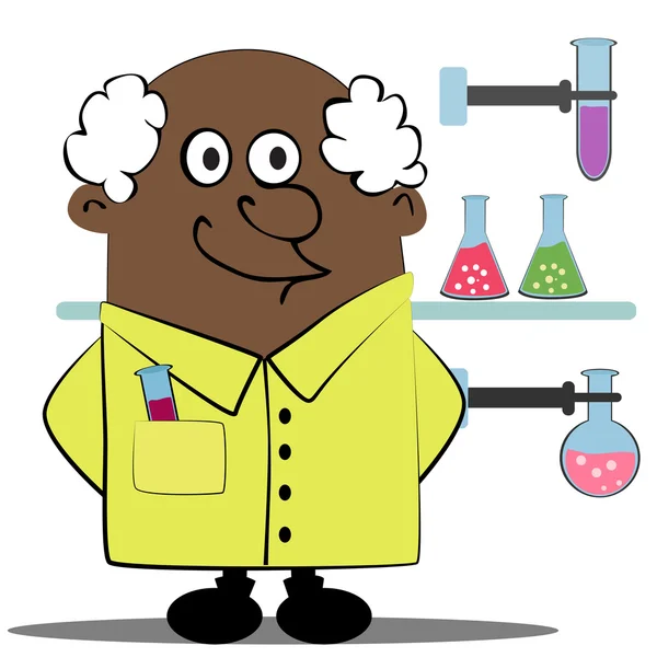 Cartoon professor near glass tubes with color liquid. — Stock Vector