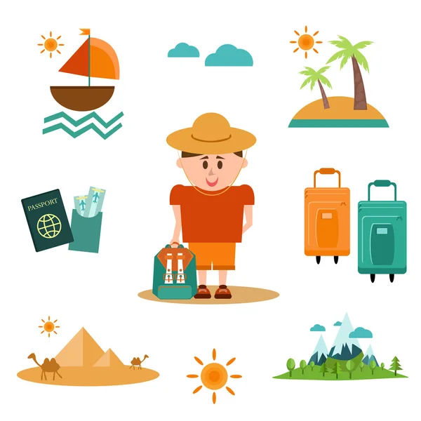 Boy before summer vacation, travel set in flat style design. — Stock Vector
