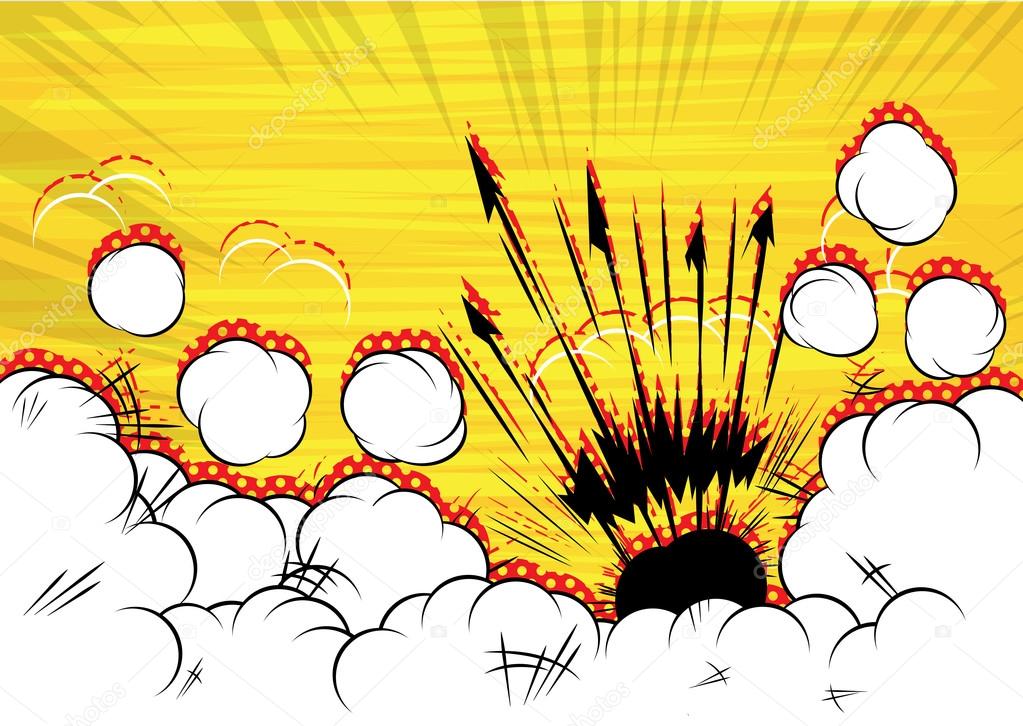 Comic book illustration of an explosion with white clouds.