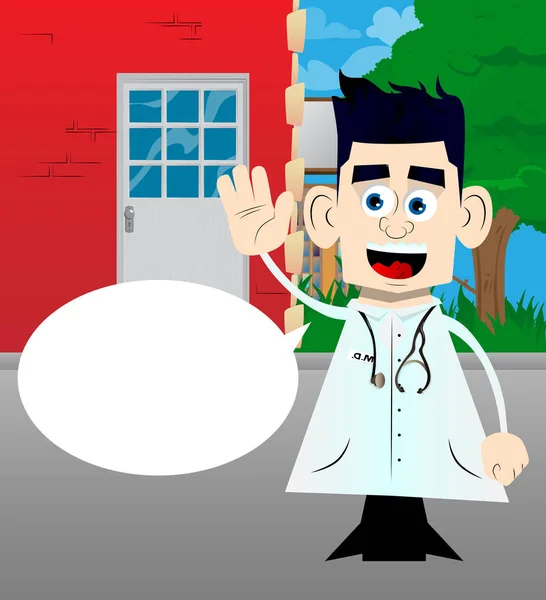Funny Cartoon Doctor Waving Hand Vector Illustration — Stock Vector