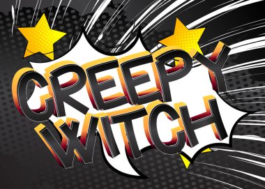 Soyut renkli çizgi roman arkaplanındaki Ürkütücü Cadı çizgi roman tarzı çizgi film sözcükleri.