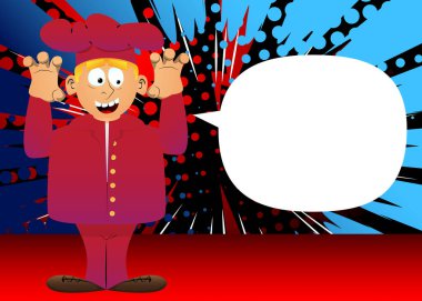 Üniformalı şişman erkek karikatür şefi seni korkutmaya çalışıyor. Vektör illüstrasyonu.