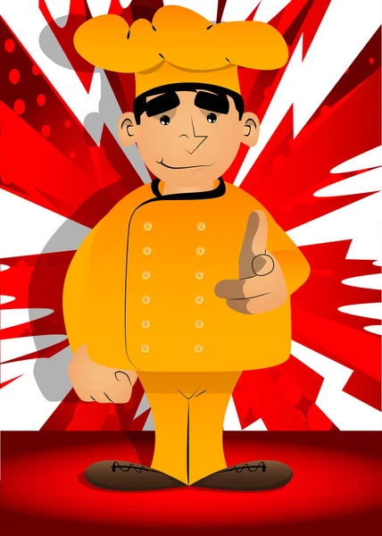 Fat Chef Cartoon Masculino Uniforme Apontando Para Espectador Com Mão — Vetor de Stock