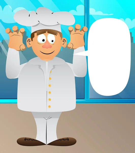 Fat Chef Desenhos Animados Masculino Uniforme Está Tentando Assustá Ilustração —  Vetores de Stock