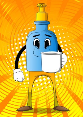 Karikatür şişesi el dezenfektanı jeli ve elinde koca bir kupa olan hijyen..