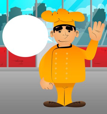 Üniformalı, el sallayan şişman, erkek çizgi film şefi. Vektör illüstrasyonu.