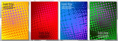 Yarım ton kaplama tasarım şablonları. Kitapların, broşürlerin, defterlerin, raporların, dergilerin kapakları için soyut geometrik tasarım seti. Vektör illüstrasyonu.