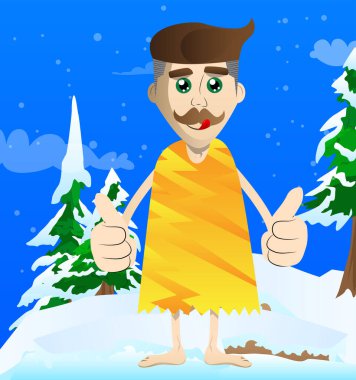 Çizgi filmdeki mağara adamı iki eliyle baş parmak işareti yapıyor. Taş devrinden bir adamın vektör illüstrasyonu.