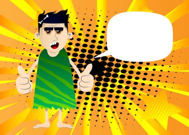 Çizgi filmdeki mağara adamı iki eliyle baş parmak işareti yapıyor. Taş devrinden bir adamın vektör illüstrasyonu.