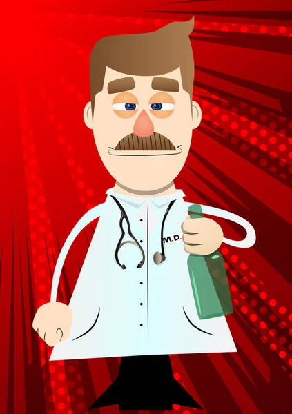 Grappige Tekenfilmdokter Die Een Fles Vasthoudt Vectorillustratie — Stockvector