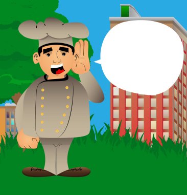 Üniformalı şişman erkek karikatür şefi el ele tutuşup dinliyor. Vektör illüstrasyonu.