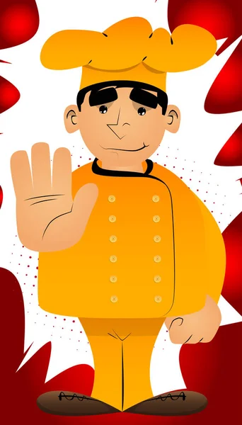 身穿制服的胖男漫画厨师表示否认或拒绝手势 矢量说明 — 图库矢量图片