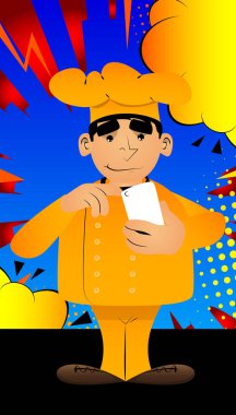 Cep telefonu kullanan, üniformalı şişman bir erkek karikatür şefi. Vektör illüstrasyonu.
