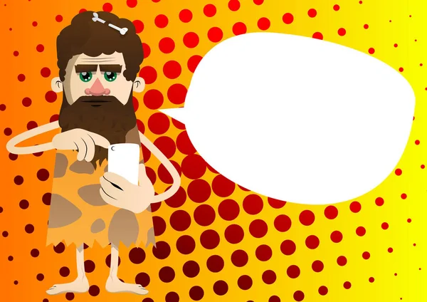 Kreslený Jeskynní Muž Používající Mobilní Telefon Vektorová Ilustrace Muže Doby — Stockový vektor