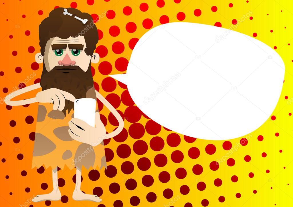 Cartoon caveman using a mobile phone. Vector illustration of a man from the stone age.