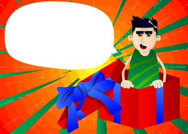 Hediye kutusundaki mağara adamı. Taş devrinden bir adamın vektör illüstrasyonu.