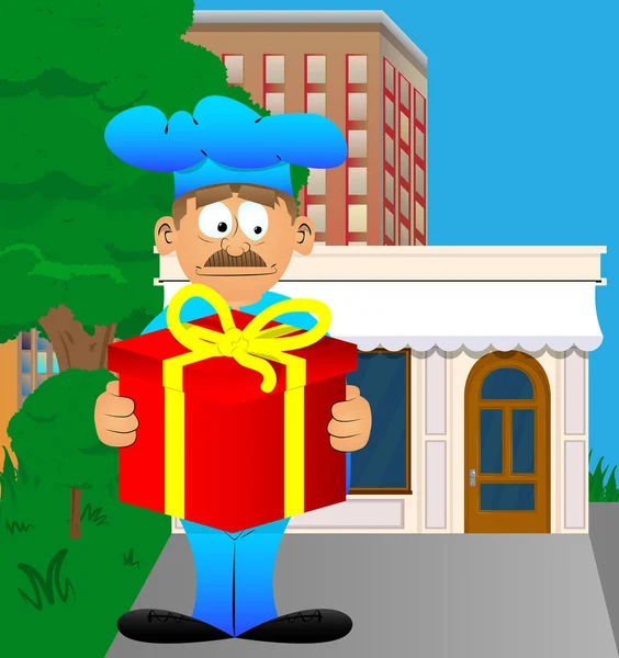 Fat Chef Cartoon Masculino Uniforme Segurando Grande Caixa Presente Ilustração — Vetor de Stock