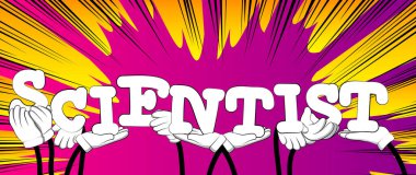 Alfabenin harflerini tutan çeşitli eller bilim adamı kelimesini yarattı. Vektör illüstrasyonu.