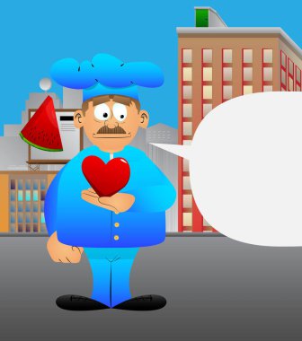 Üniformalı şişman erkek çizgi film şefi elinde kırmızı bir kalp tutuyor. Vektör illüstrasyonu.