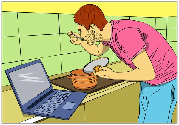 Illustrazione Fumettista Che Assaggia Zuppa Dalla Padella Mentre Trova Cucina — Vettoriale Stock