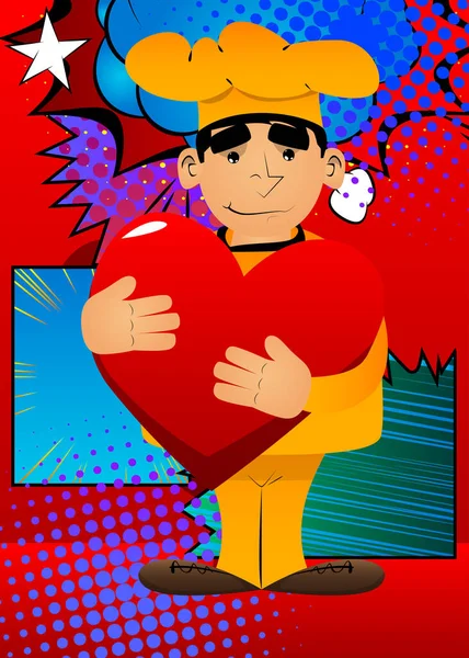 Gordo Chef Dibujos Animados Masculino Uniforme Abrazando Gran Corazón Rojo — Archivo Imágenes Vectoriales