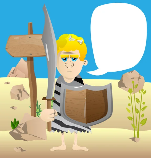 Człowiek Kreskówek Czasów Prehistorycznych Trzymający Miecz Tarczę Ilustracja Wektora Człowieka — Wektor stockowy