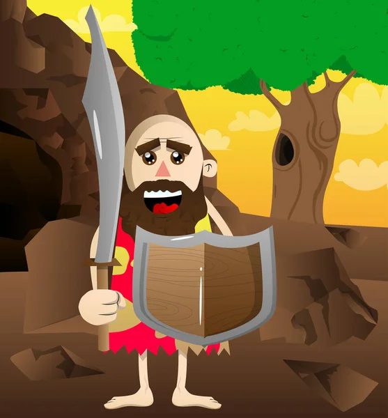 Człowiek Kreskówek Czasów Prehistorycznych Trzymający Miecz Tarczę Ilustracja Wektora Człowieka — Wektor stockowy