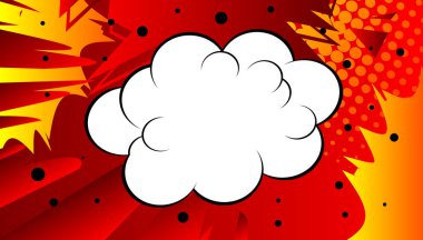 Kırmızı ve sarı zoom efektli çizgi roman arkaplanı ve boş bulut. Vektör illüstrasyonu.