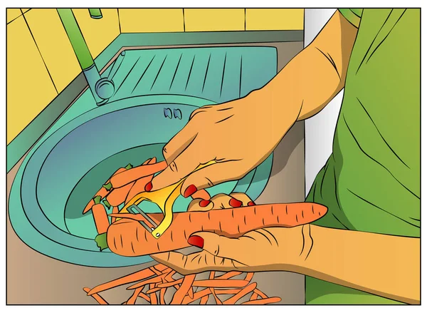 Mão Mulher Descascando Cenoura Para Cozinhar Desenhos Animados Vetoriais Ilustração — Vetor de Stock