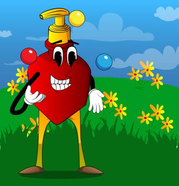 Yüzü hijyenik el dezenfektanı olan çizgi film jölesi bir hokkabazdır. Renkli toplarla oynamak.