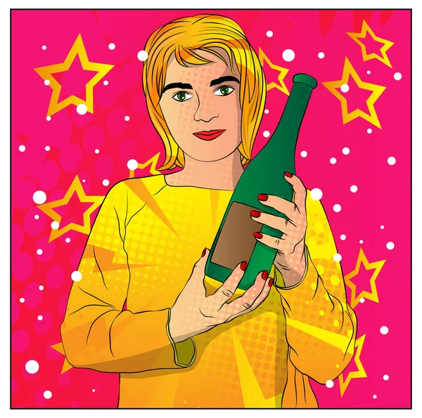 Young Blond Woman Holding Bottle Preparing Party Home Celebrating Holidays — Stock Vector